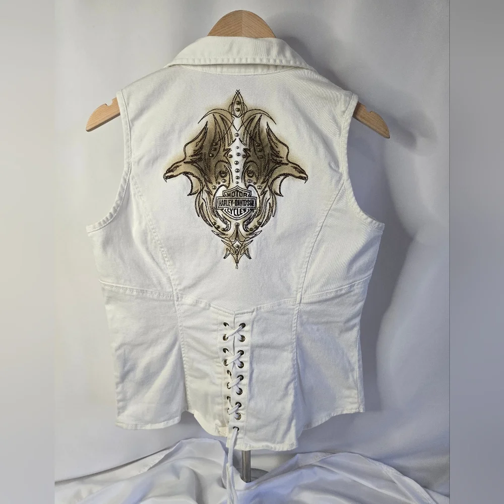 Harley-Davidson White Lace-Up Corset Vest Size Medium – Embroidered Eagle Logo - Picture 7 of 9